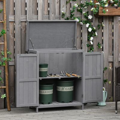 Outsunny Wooden Garden Storage Shed with Hinged Roof and Shelves, Outdoor Storage Cabinet Chest, Double Doors, 74 x 43 x 88cm, Grey 