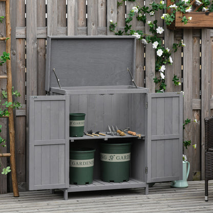 Outsunny Wooden Garden Storage Shed with Hinged Roof and Shelves, Outdoor Storage Cabinet Chest, Double Doors, 74 x 43 x 88cm, Grey 