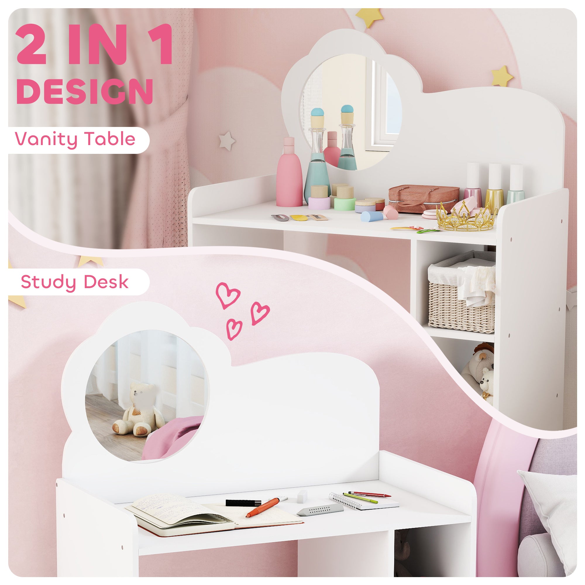 AIYAPLAY Kids Dressing Table with Mirror, Stool, Kids Vanity Table with Shelves, for Ages 3-8 Years, White 
