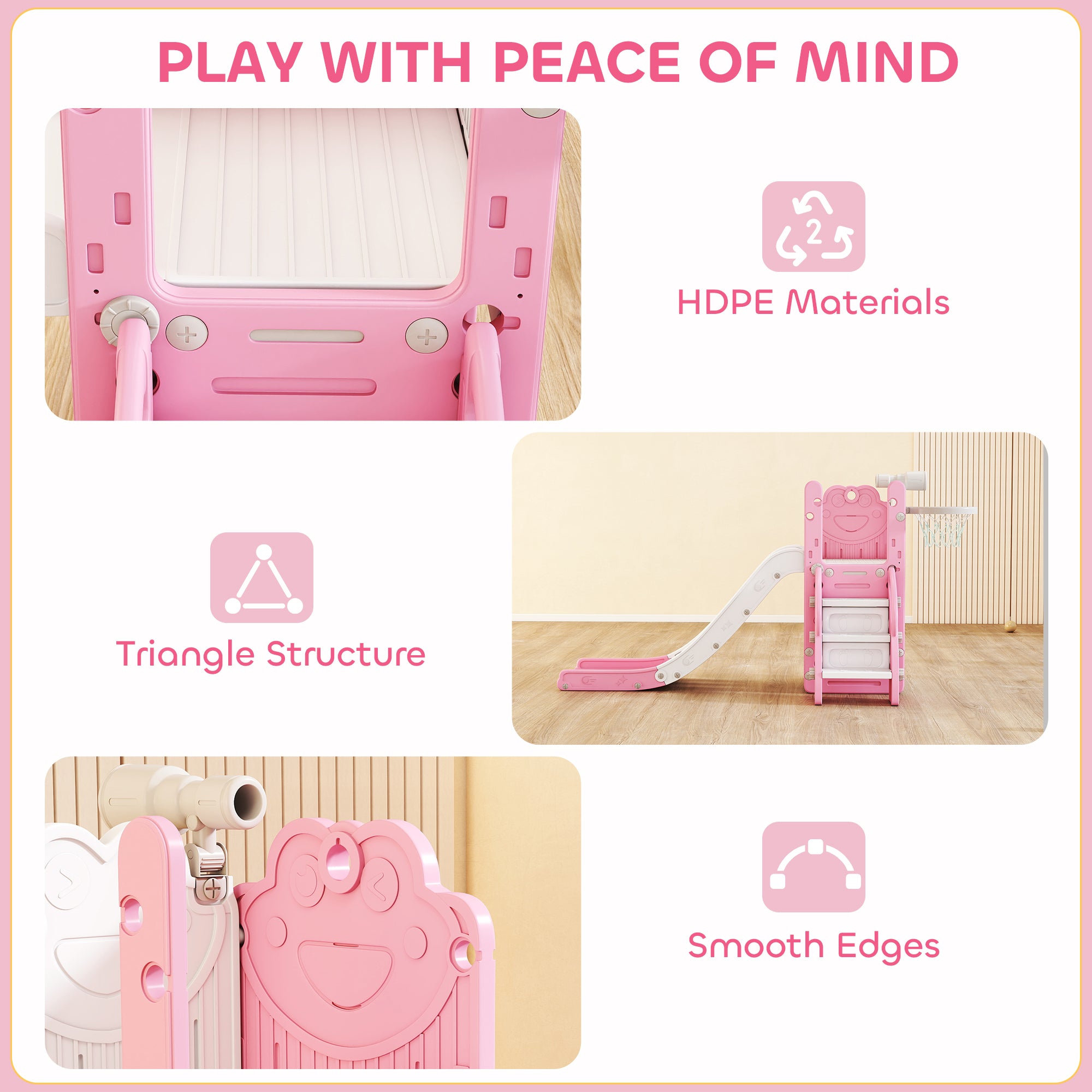 AIYAPLAY 5 in 1 Kids Slide Set with Basketball Hoop, Climbing Frame, Telescope, Storage Box for Toddlers Ages 1-3, Pink 