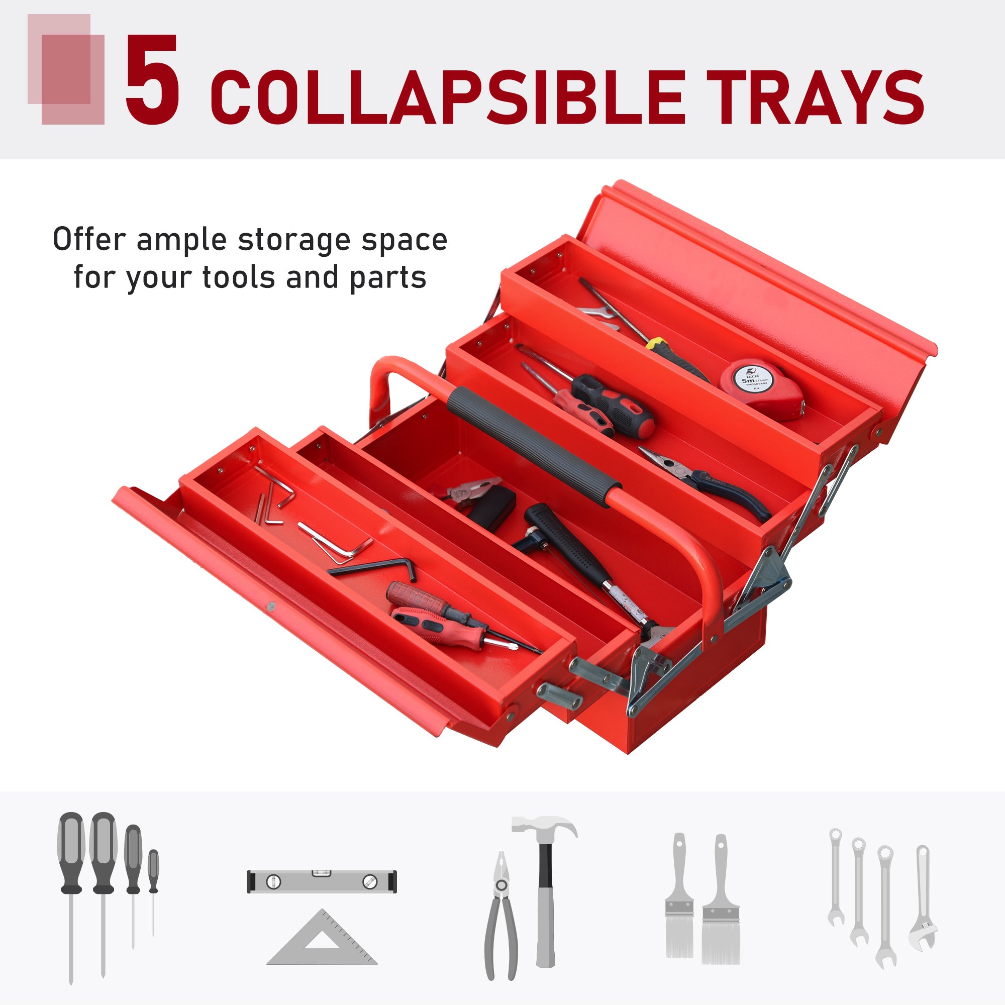 DURHAND Metal Tool Box 3 Tier 5 Tray Professional Portable Storage Cabinet Workshop Cantilever Toolbox with Carry Handle, 45cmx20cmx34.5cm, Red 