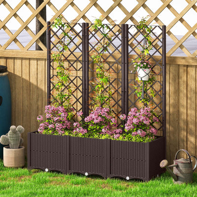 Outsunny Raised Garden Bed with Trellis, Plastic Planter Box with Drainage Holes and Drain Plugs for Climbing Plants, Vegetables, Flowers, Brown 