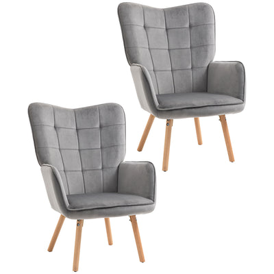 HOMCOM Modern Accent Chair Velvet-Touch Tufted Wingback Armchair Upholstered Leisure Lounge Sofa Club Chair with Wood Legs, Set of 2, Grey 