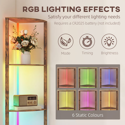 HOMCOM RGB LED Floor Lamp with Shelves, 5-Tier Dimmable Standing Lamp with Adjustable Brightness and Remote Control, Modern Corner Display Shelf Unit for Living Room Bedroom Office, Rustic Brown 