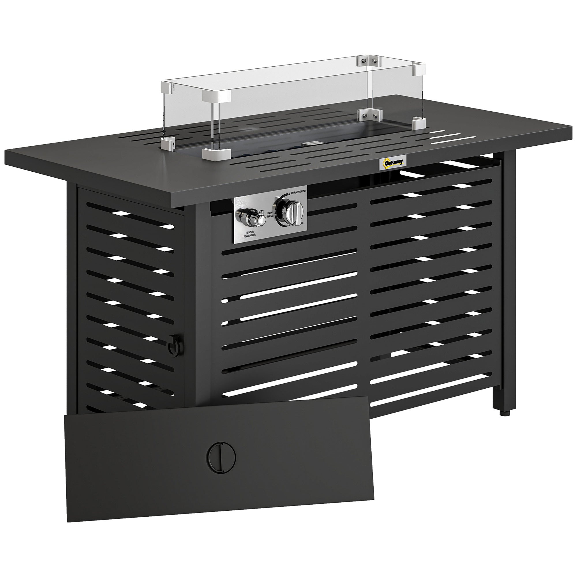 Outsunny Propane Gas Fire Pit Table, Outdoor Firepit with 43" Steel Tabletop and Lid, 50,000 BTU Pulse Ignition Fire Table w/ Stainless Steel Burner, Glass Wind Guard, and Cover 