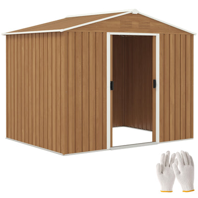 Outsunny 8 x 6ft Outdoor Garden Storage Shed, Metal Tool House with Ventilation and Sliding Doors Chocolate Wood Effect 