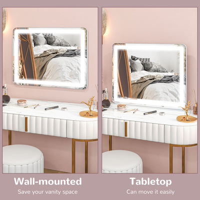 HOMCOM Vanity Mirror with Lights, Large Lighted Makeup Mirror with 3 Colour Lighting Modes, 10X Magnifying, USB Charging Port, Touch Screen, Tabletop or Wall Mounted Design for Bedroom, White 