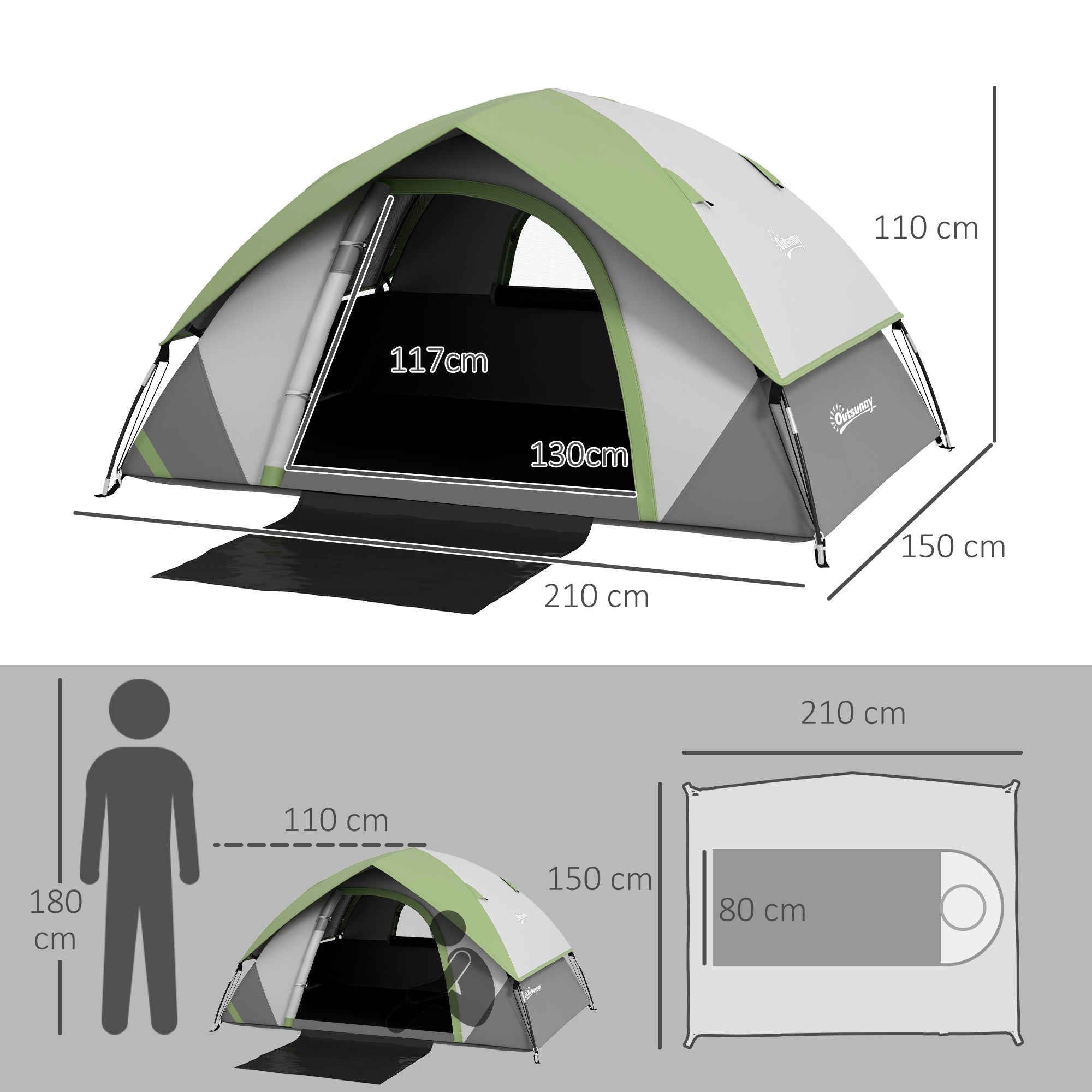 Outsunny Two Man Single Room Dome Tent, with Accessories - Green/Grey 