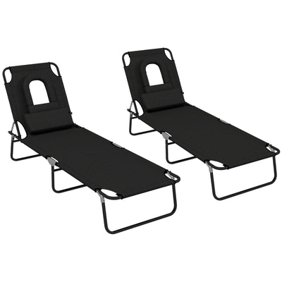 Outsunny Outdoor Foldable Sun Lounger Set of 2, 4 Level Adjustable Backrest Reclining Sun Lounger Chair with Pillow and Reading Hole, Black 