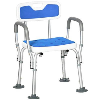 HOMCOM EVA Padded Shower Chair for the Elderly and Disabled, Height Adjustable Shower Stool with Back and Arms, 4 Suction Foot Pads, Blue 