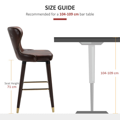 HOMCOM Bar Stools Set of 2, PU Leather Vintage Counter-Height Bar Chair, Luxury European Style Kitchen Stools with Back, Brown 