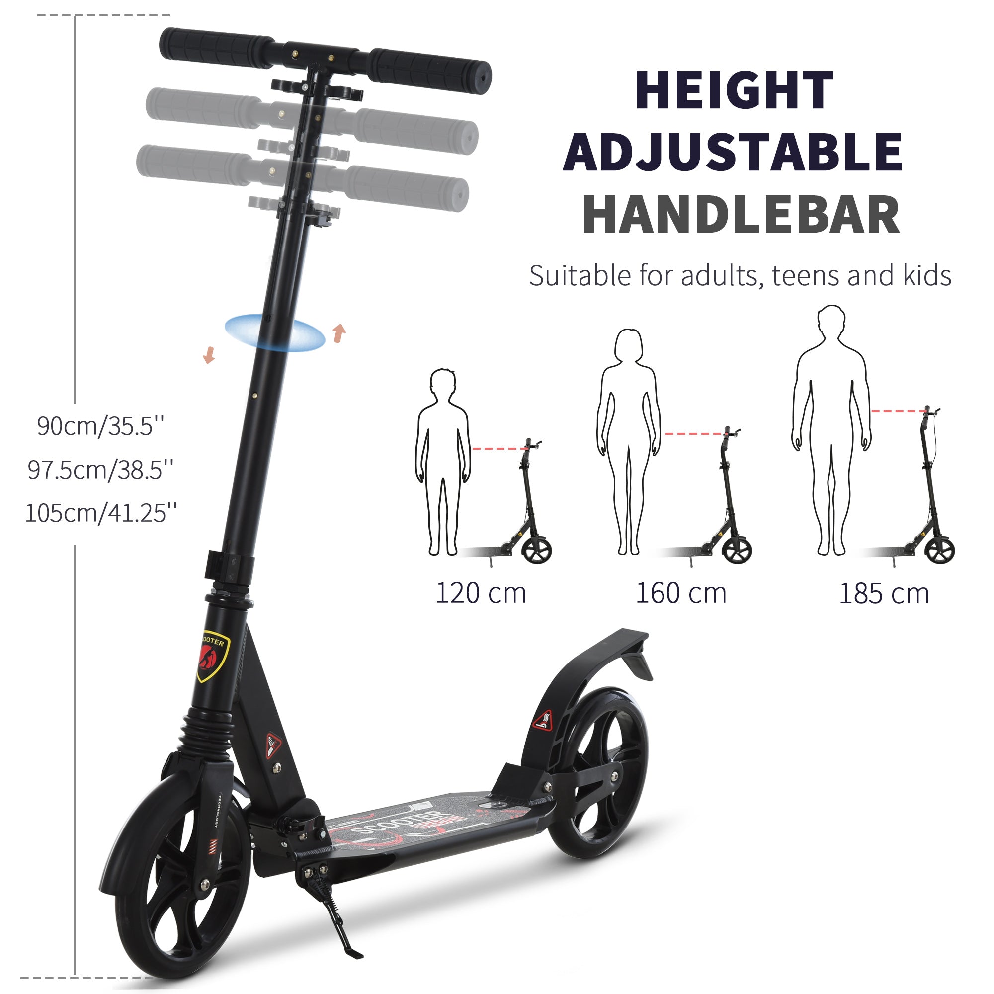 HOMCOM Folding Kick Scooter, Adjustable Ride On Scooter with 200mm Big Wheels and Double Shock Absorption, Urban Scooter for 14+ Teens Adult - Black 