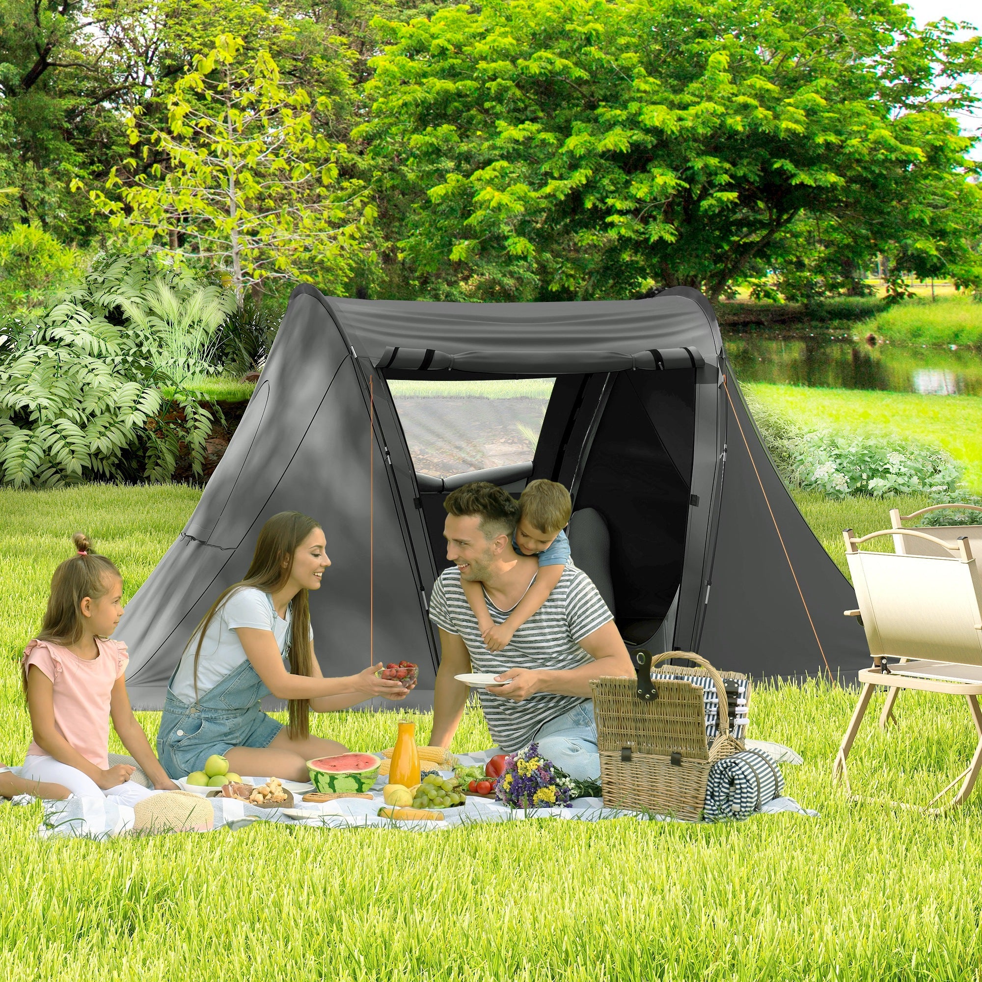 Outsunny 3 Man Camping Tent with Living Area and 2 Bedrooms, 3000mm Waterproof Family Tent with Sewn-in Groundsheet, Portable with Bag for Hiking, Festival, Backpacking, Drak Grey 
