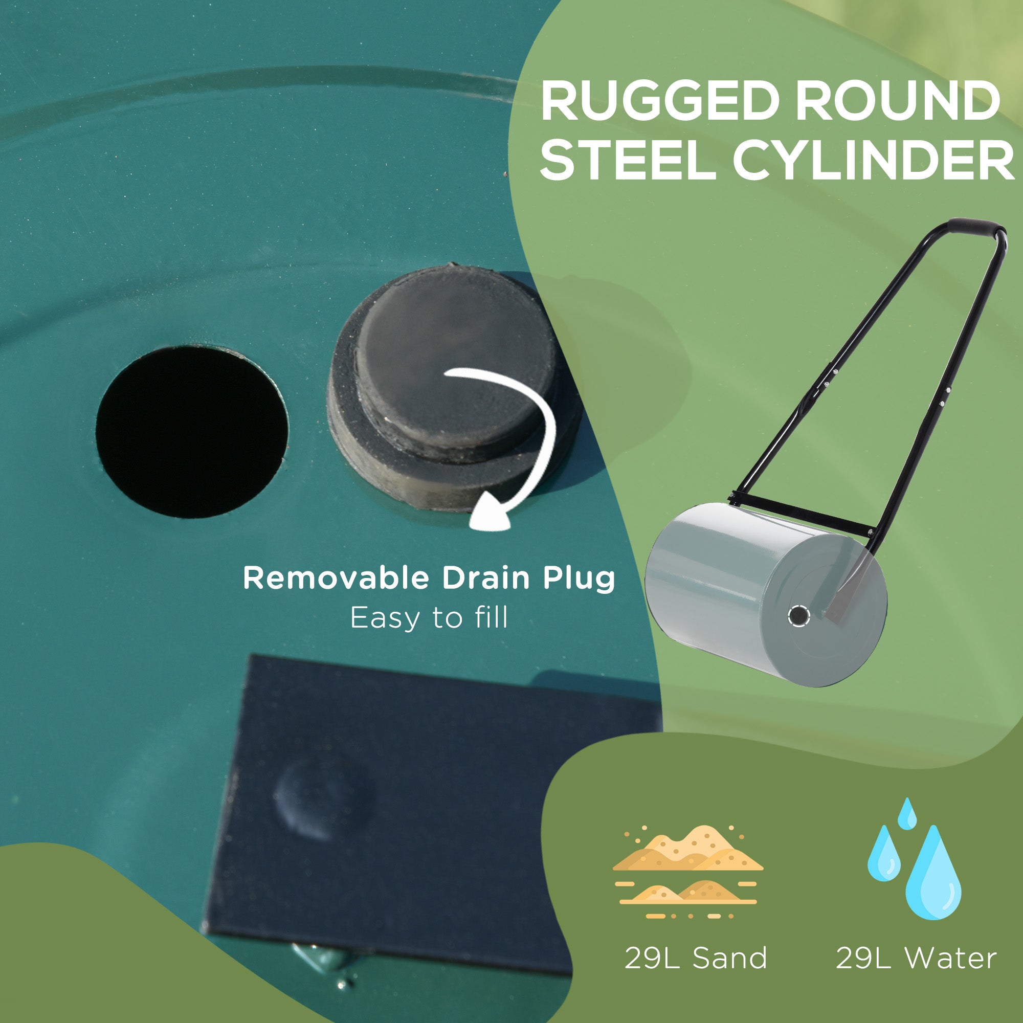 Outsunny 30 L Heavy Duty Water Or Sand Filled Φ30cm Garden Steel Lawn Roller Drum - Dark Green 
