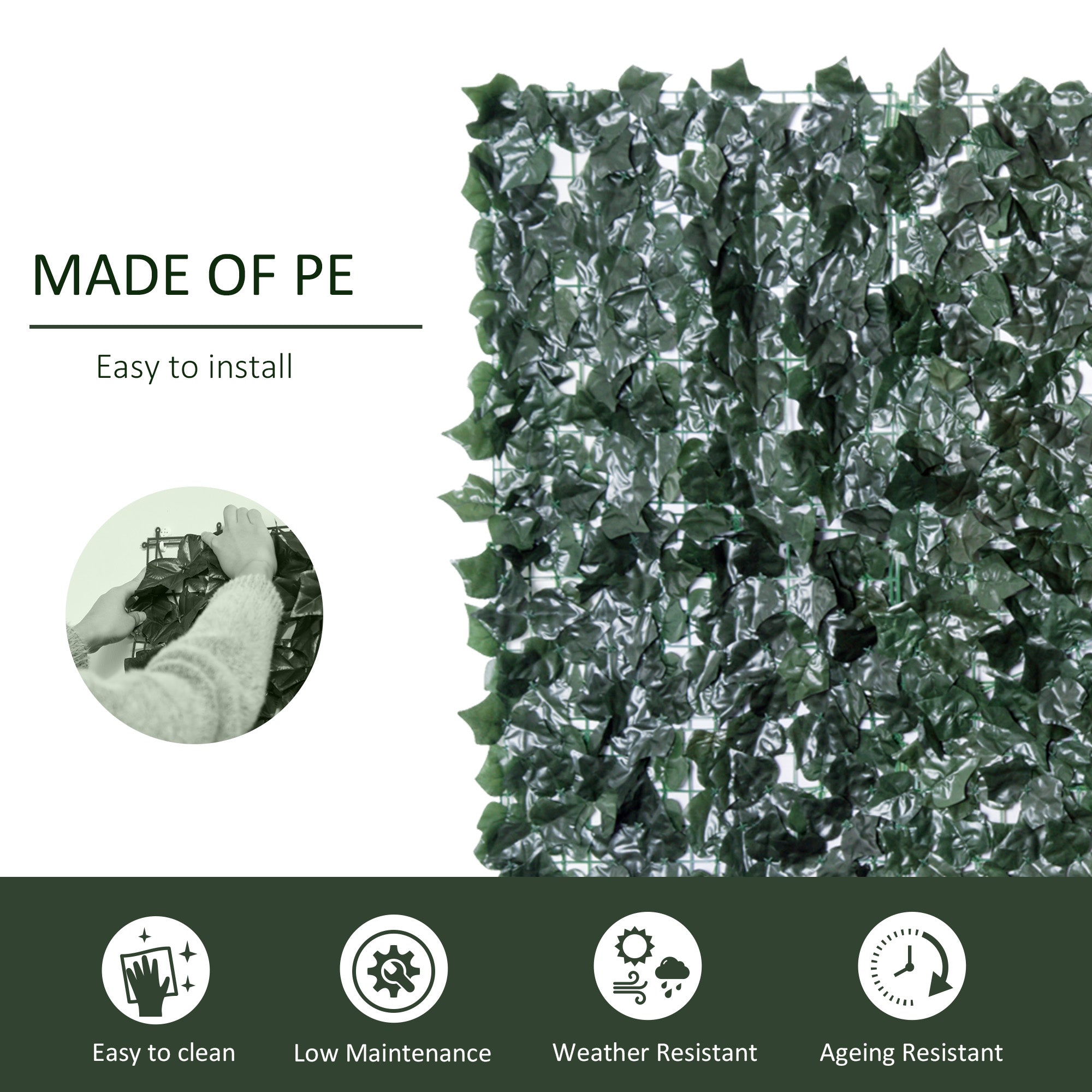Outsunny 1-Piece Artificial Leaf Hedge Screen Privacy Fence Panel for Garden Outdoor Indoor Decor, Dark Green, 2.4M x 1M 