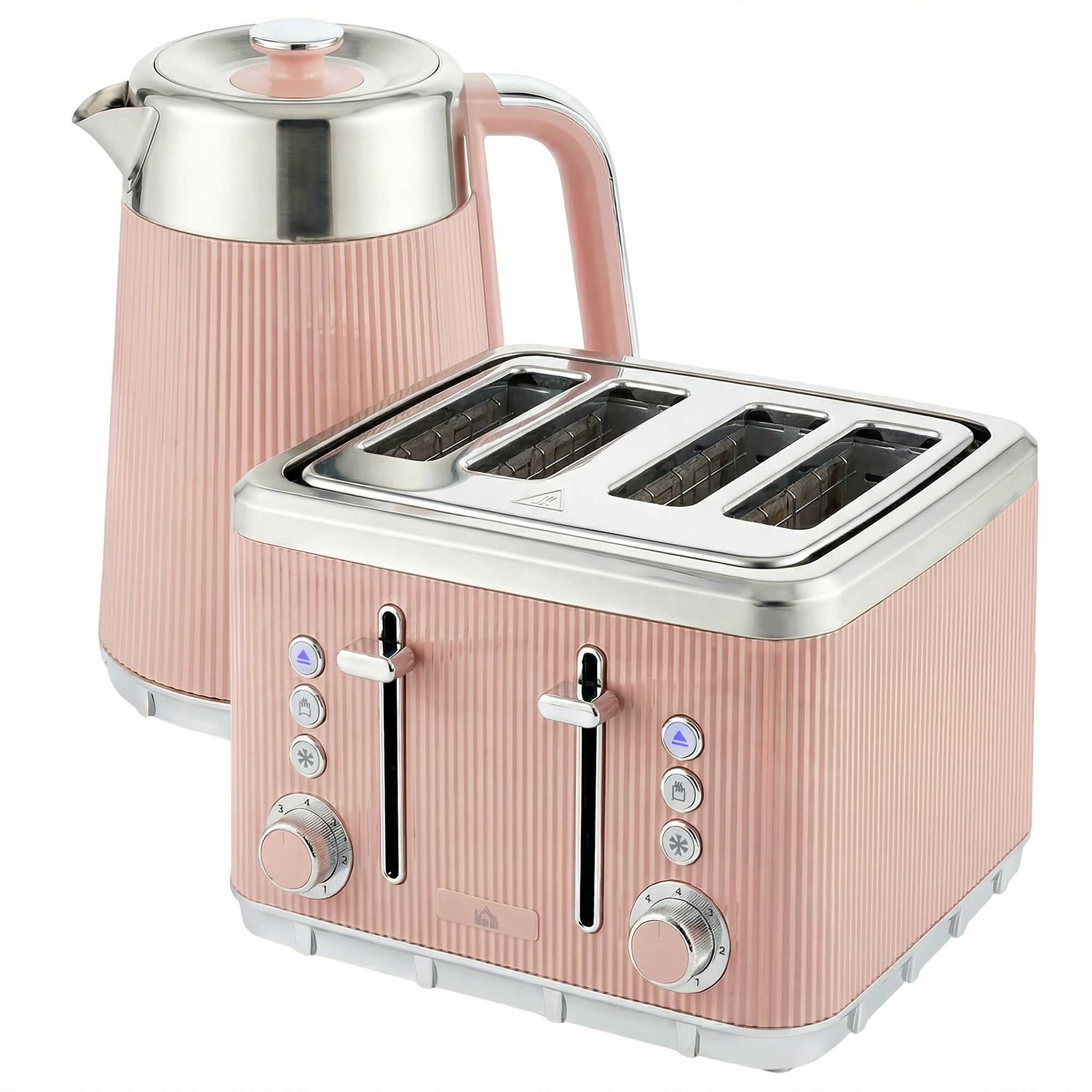 HOMCOM Electric Stainless Steel Kettle and Toaster Set, 3000W 1.7L UK Strix Thermostat Fast Boil Kettle Pink 
