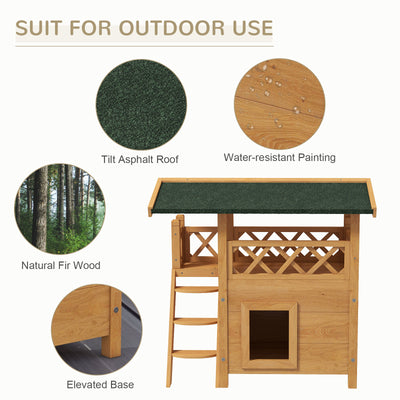 PawHut Cat House Outdoor w/ Balcony Stairs Roof, 77 x 50 x 73 cm, Natural Wood Finish 