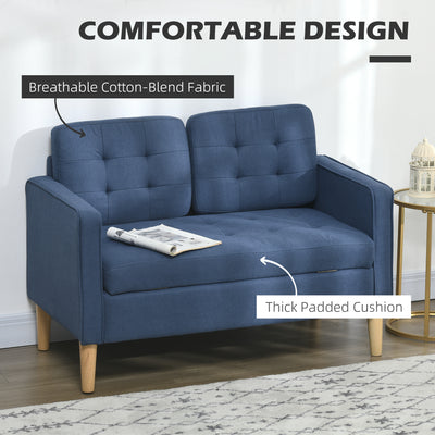 HOMCOM Modern Loveseat Sofa, Compact 2 Seater Sofa with Hidden Storage, 117cm Tufted Cotton Couch with Wood Legs, Blue 