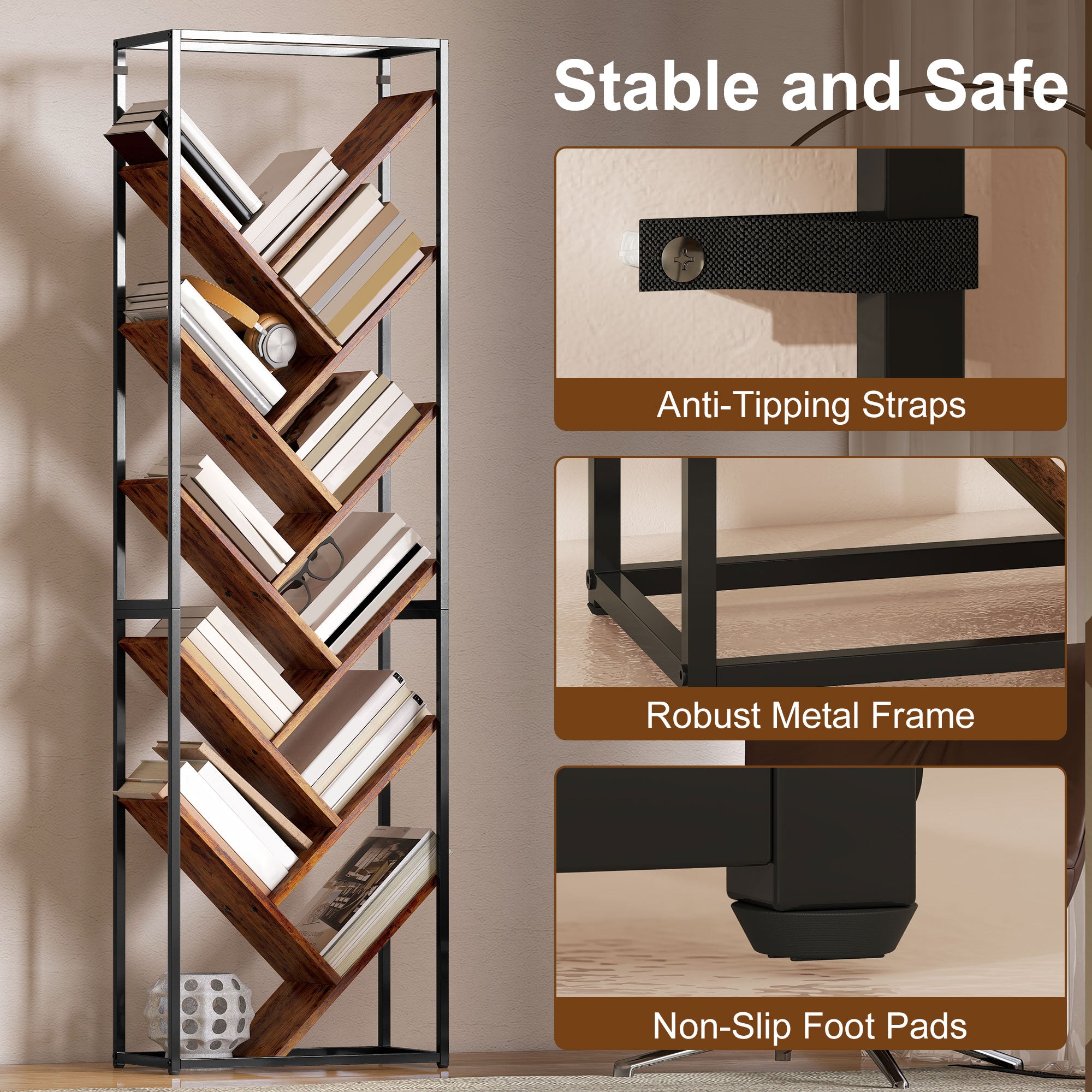HOMCOM 10 Shelf Industrial-Style Bookshelf - Black/Brown 