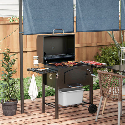 Outsunny Charcoal Barbecue Grill Trolley Garden Smoker with Shelves, Adjustable Height, Thermometer on Lid, Opener and Wheels 