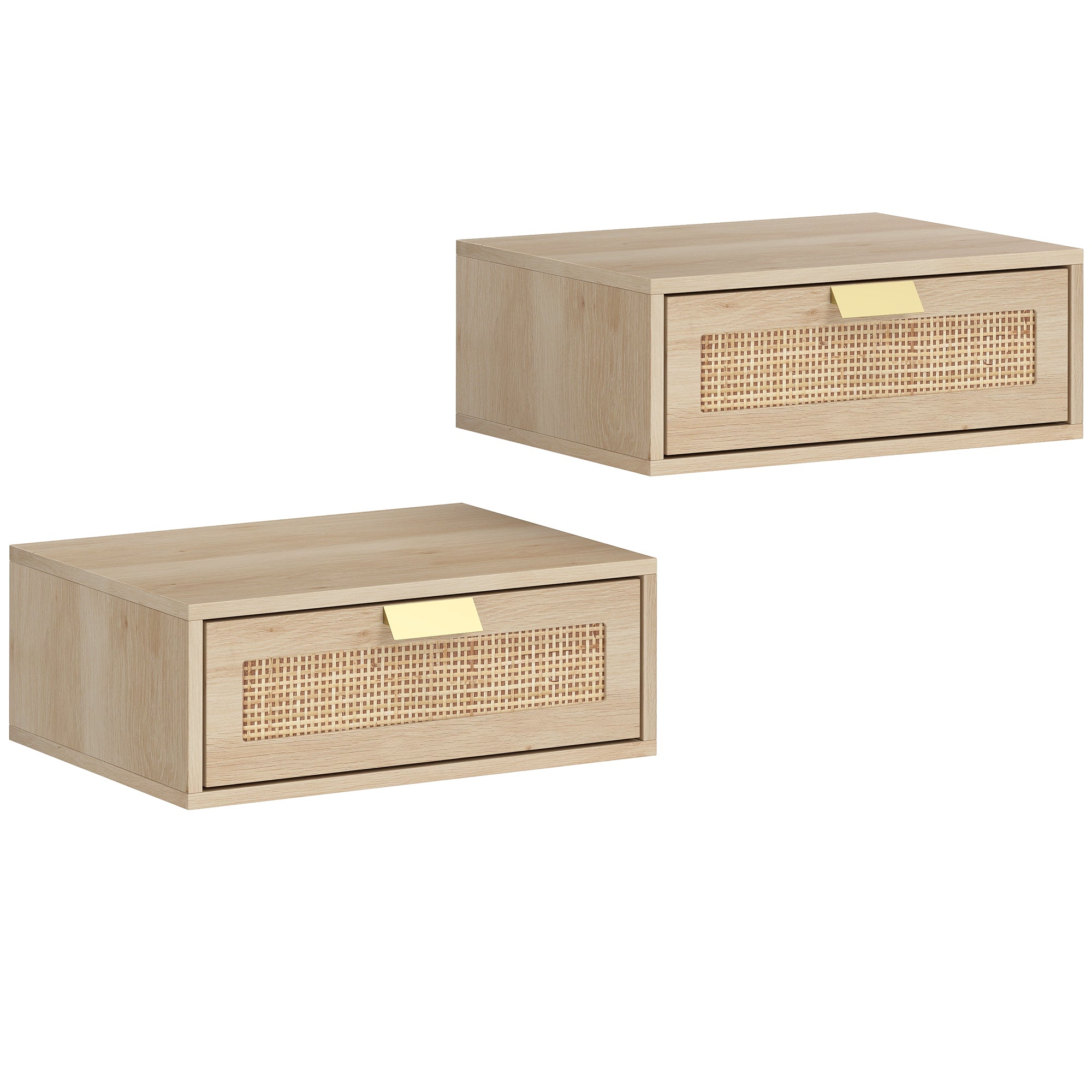 HOMCOM Floating Bedside Tables Set of 2, Wall Mounted Bedside Cabinets with Rattan Drawer and Wood Effect, Oak 