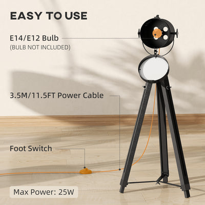 HOMCOM Industrial Tripod Floor Lamp, Nautical Searchlight with Adjustable Height, Wood Legs, E14 Lamp Base for Living Room, Bedroom, Black 