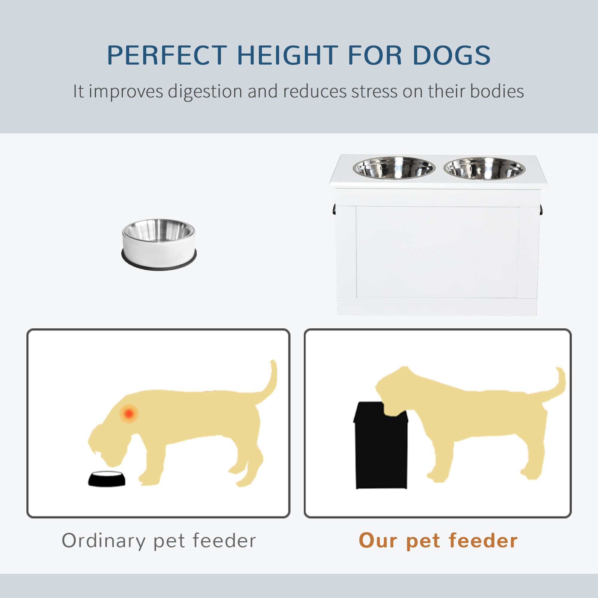 PawHut Raised Dog Bowls, with Storage, Two Stainless Steel Bowls, Elevated Base - White 