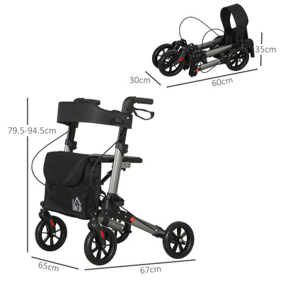 HOMCOM 4 Wheel Rollator with Seat and Back, Folding Mobility Walker with Carry Bag, Adjustable Height, Dual Brakes, Cane Holder, Lightweight Aluminium Walking Frame for Seniors and Disabled, Silver 