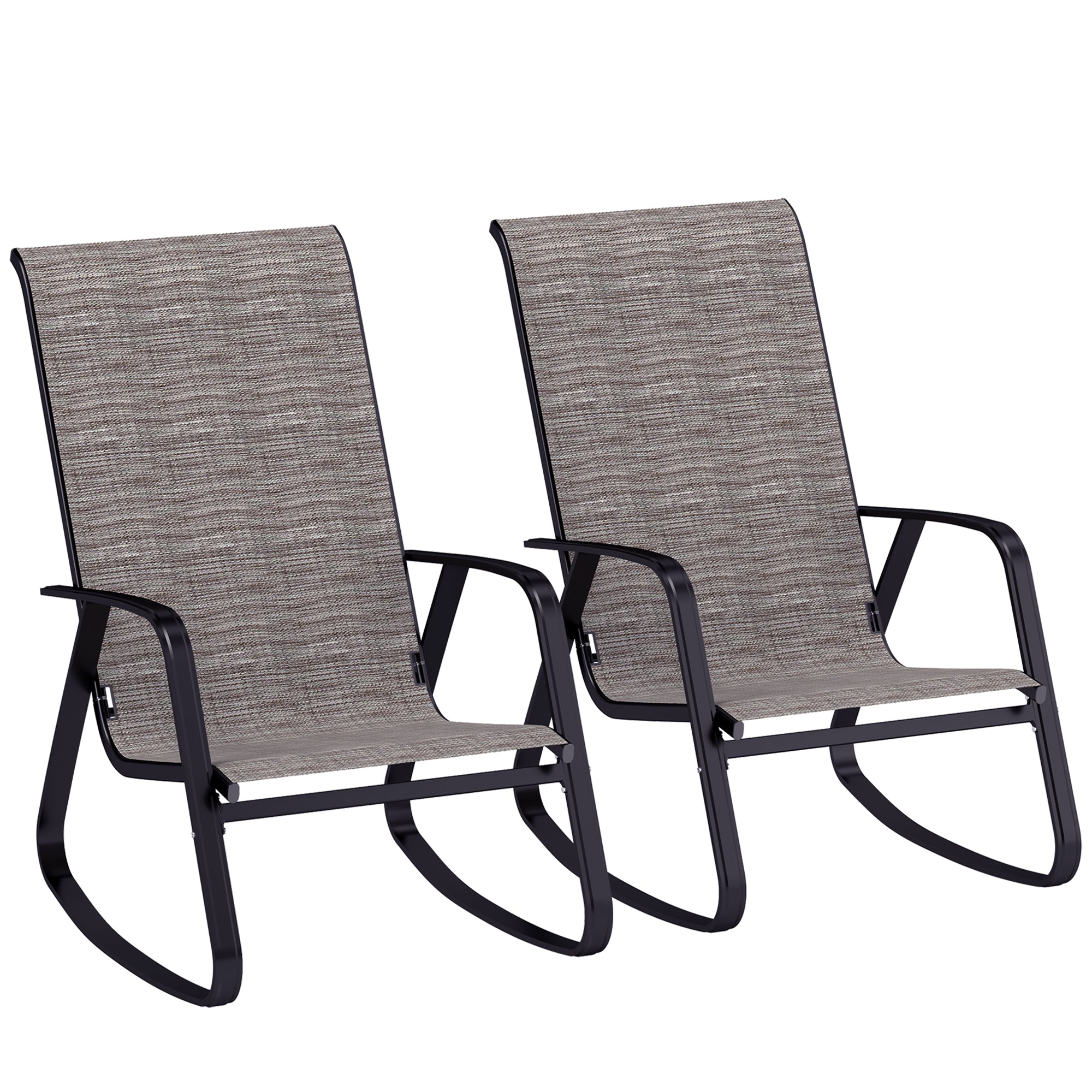 Outsunny Garden Rocking Chairs Set of 2, Ergonomic Outdoor Rocking Chairs with Armrests, High Backrest, Steel Frame Relaxing Rocker Armchair Seats for Patio, Balcony, Porch, Light Brown