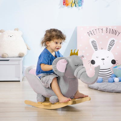 HOMCOM Kids Elephant-Designed Rocking Horse, with Safety Belt, Wooden Base, for Ages 18-36 Months - Grey 