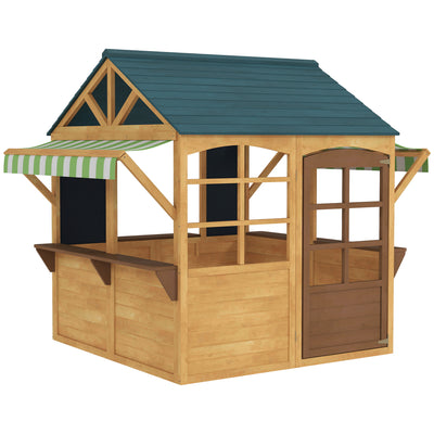 AIYAPLAY Wooden Playhouse for Kids, Foldable Wendy House with Windows, Working Door, Service Stations, Rain Covers, Brown 