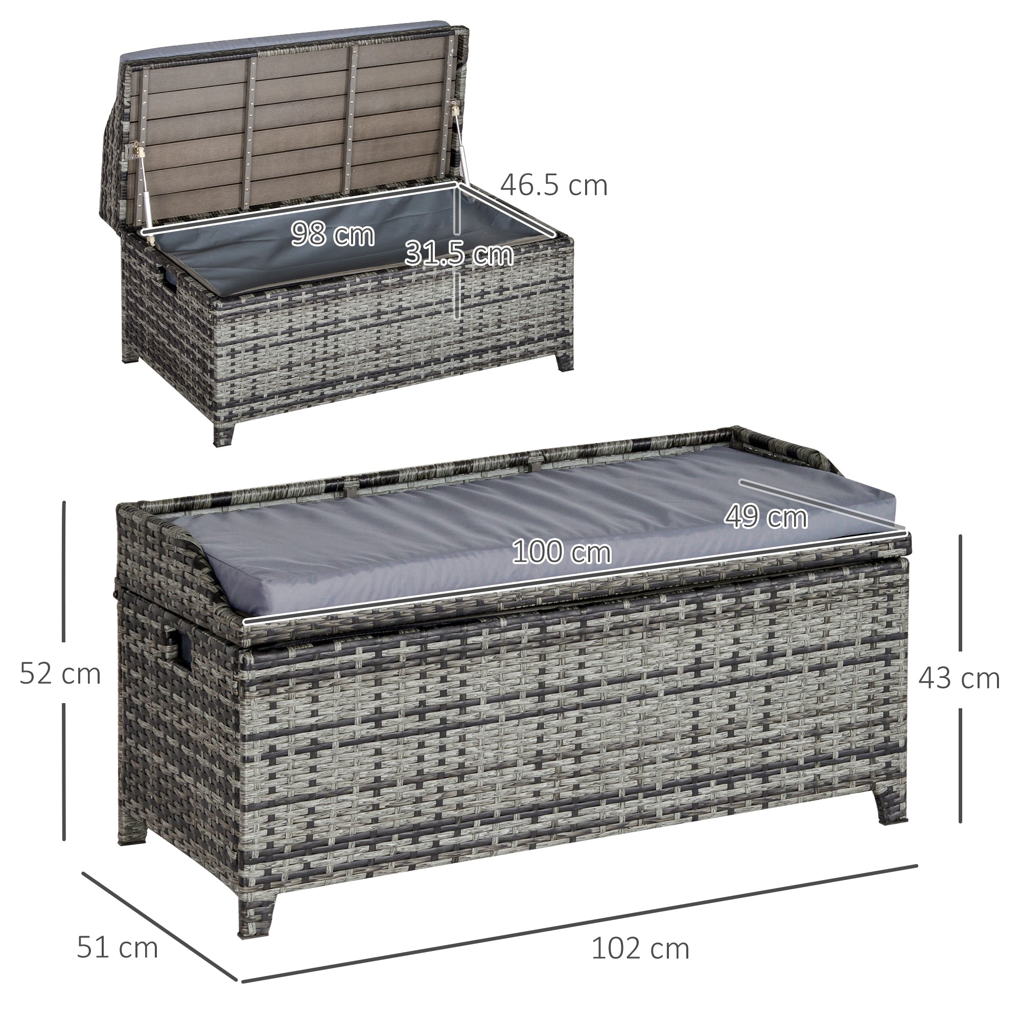 Outsunny 130 L Rattan Garden Storage Box, with Seat - Mixed Grey 