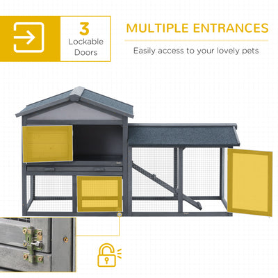 PawHut Wooden Rabbit Hutch Outdoor, Double Tier with Water-Resistant Roof, Ramp 147 x 54 x 84 cm, Grey 