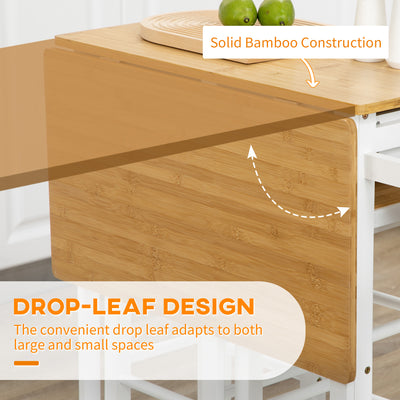 HOMCOM Kitchen Island Set with 2 Stools, Bamboo Breakfast Cart with Drop Leaf Top, Drawers and Towel Rack, Rolling Kitchen Cart and Chairs Set, White 