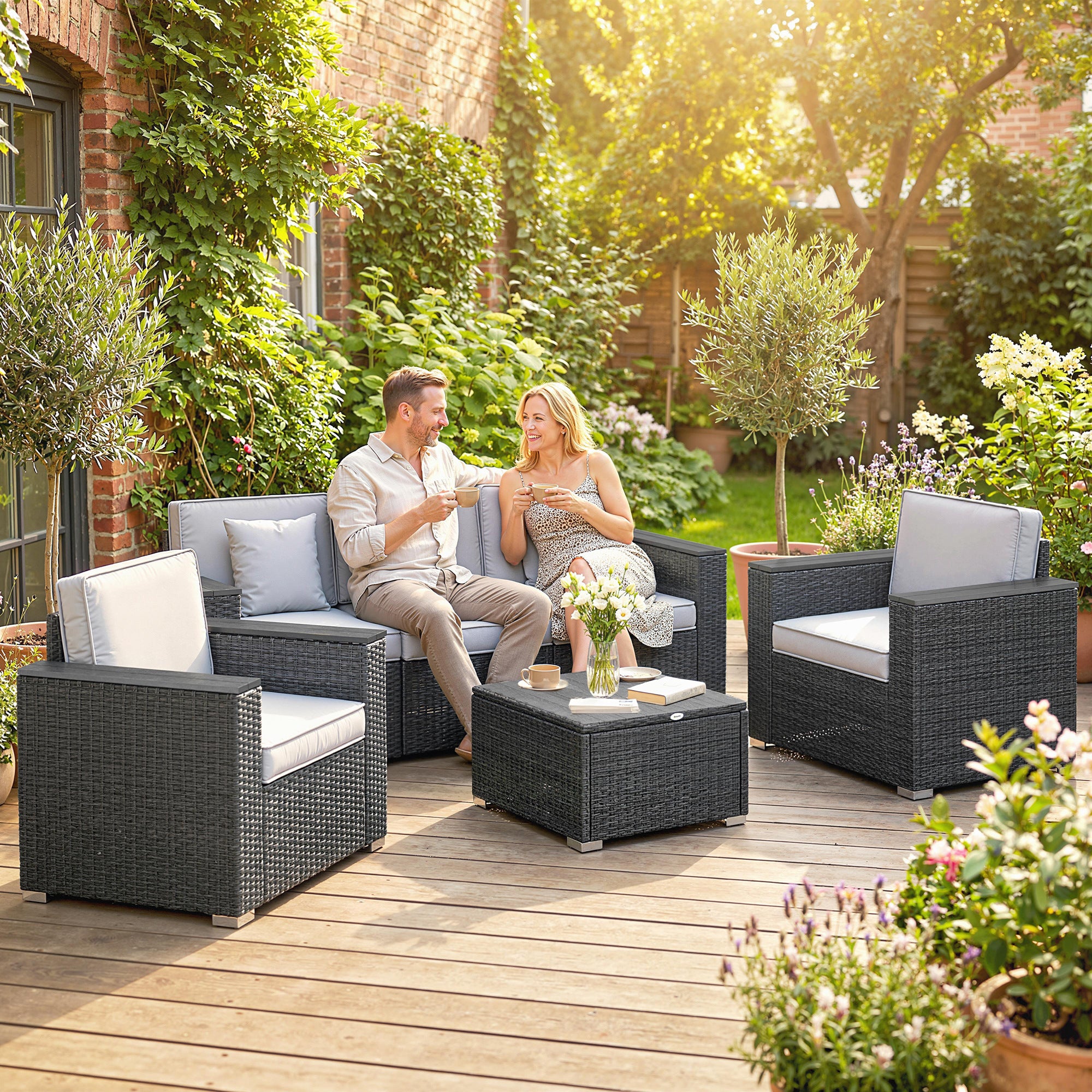 Outsunny 5 Seater Rattan Garden Furniture Set with Wide Armrests, Cushions, Pillows for Patio, Dark Grey 