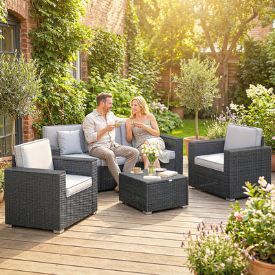 Outsunny 5 Seater Rattan Garden Furniture Set with Wide Armrests, Cushions, Pillows for Patio, Dark Grey 
