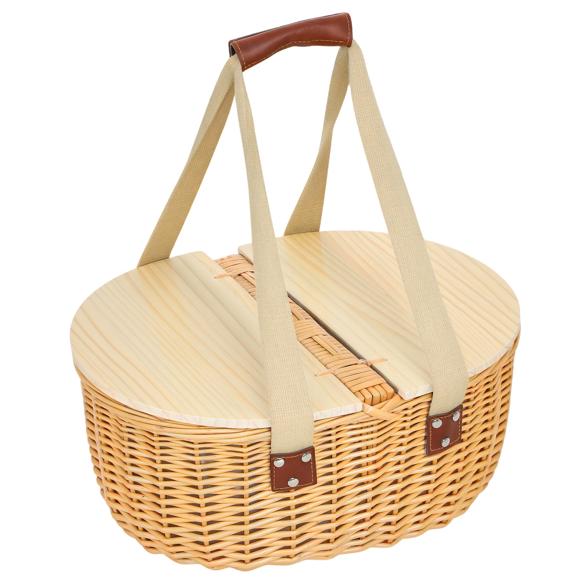 Outsunny Wicker Picnic Basket for 2 with Pine Wood Lid, Picnic Hamper with Cooler Compartment, Cutlery Service Kits, Carry Handle for Camping, Outdoor, Valentine Day, Chirtmas, Birthday, Light Brown 