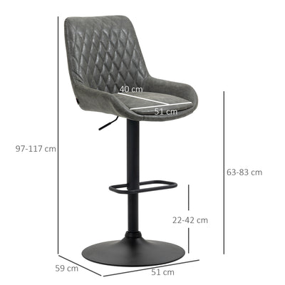 HOMCOM Retro Bar Stools Set of 2, Adjustable Kitchen Stool, Upholstered Bar Chairs with Back, Swivel Seat, Dark Grey 
