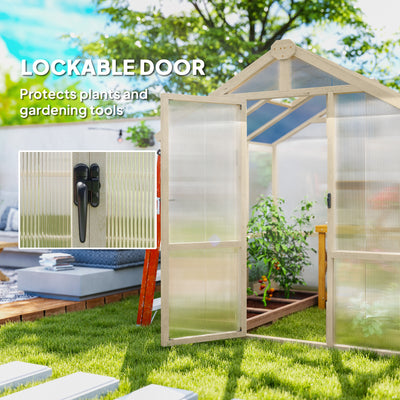 Outsunny 6.6 x 6ft Polycarbonate Greenhouse, Walk-in Wooden Greenhouse with Lockable Door and Window, Garden Plants Grow House, Brown 