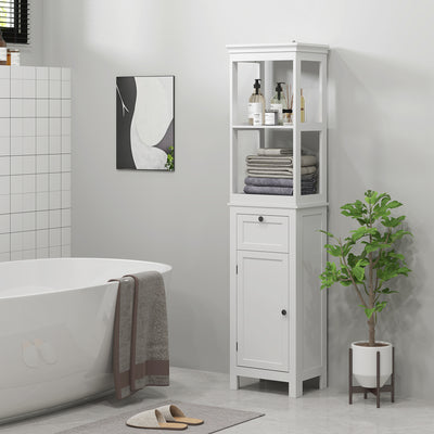HOMCOM Tall Bathroom Cabinet, Slim Bathroom Storage Cabinet with 2 Open Shelves, Soft Close Door and Drawer, Adjustable Shelf, Narrow Cupboard Storage Unit, White 
