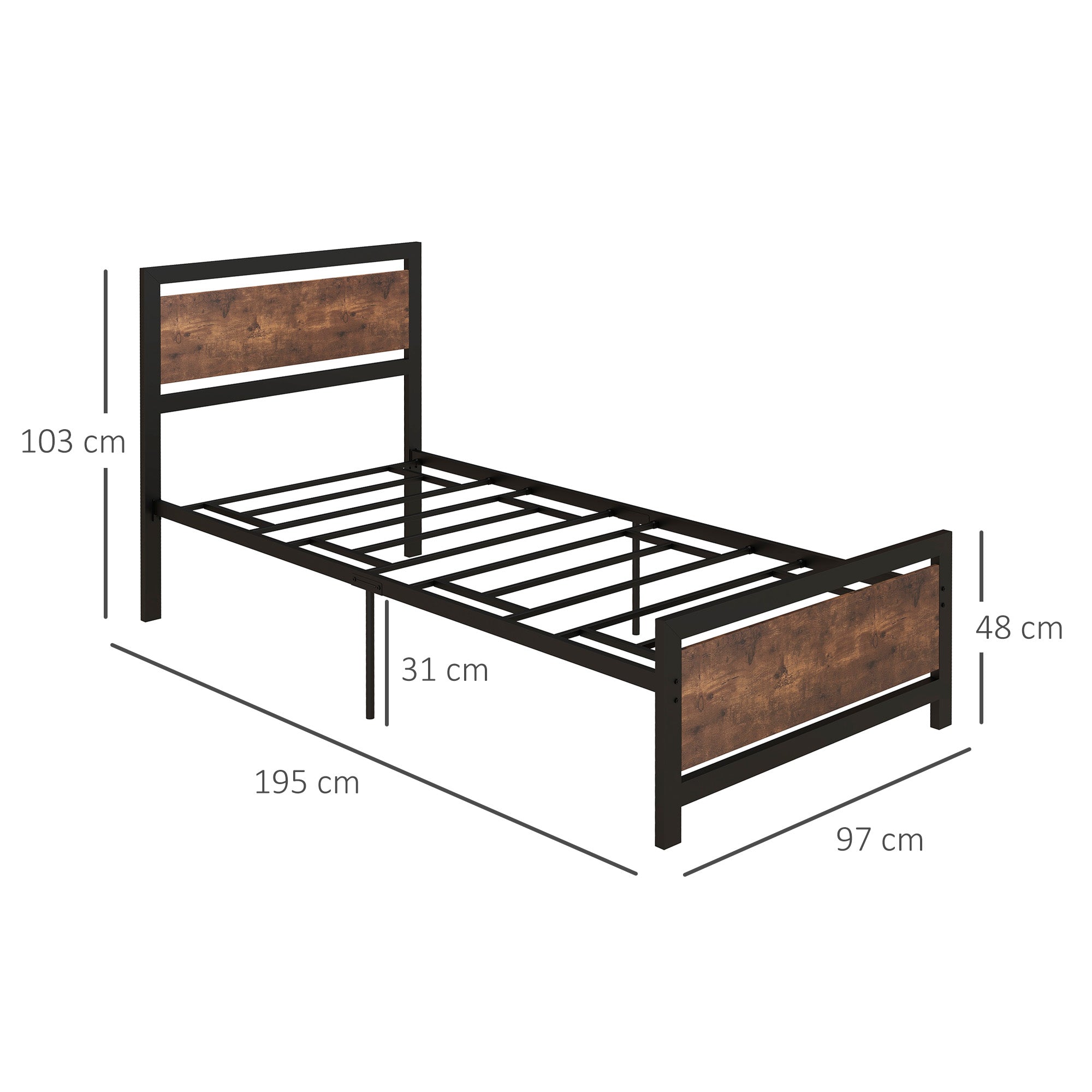 HOMCOM Single Size Metal Bed Frame with Headboard & Footboard, Strong Slat Support Solid Bedstead Base w/ Underbed Storage Space, Bedroom Furniture For Adults 