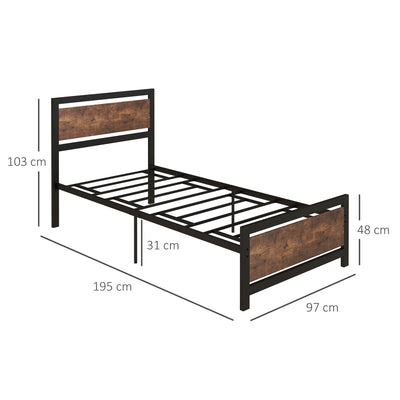 HOMCOM Single Size Metal Bed Frame with Headboard & Footboard, Strong Slat Support Solid Bedstead Base w/ Underbed Storage Space, Bedroom Furniture For Adults 