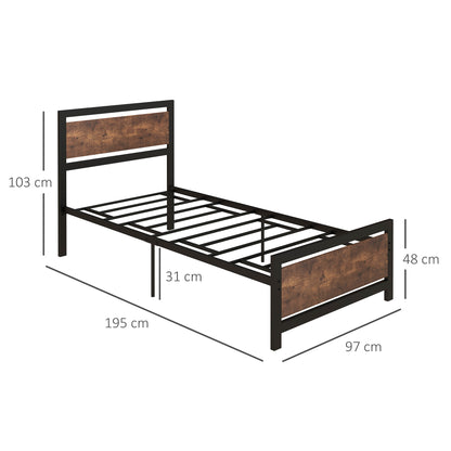 HOMCOM Single Size Metal Bed Frame with Headboard & Footboard, Strong Slat Support Solid Bedstead Base w/ Underbed Storage Space, Bedroom Furniture For Adults 