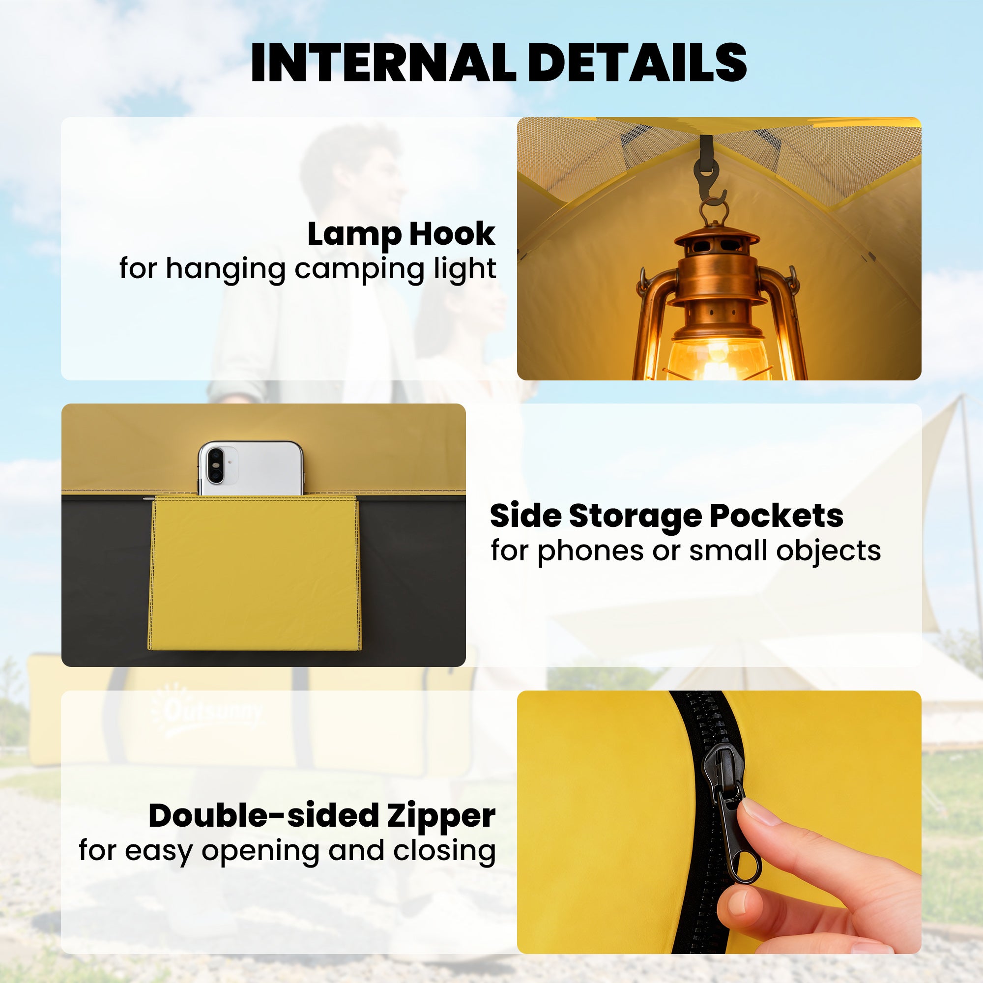 Outsunny 2 Person Camping Tent, Dome Tent with Zipped Doors, Storage Pocket, Portable Handy Bag, Yellow 