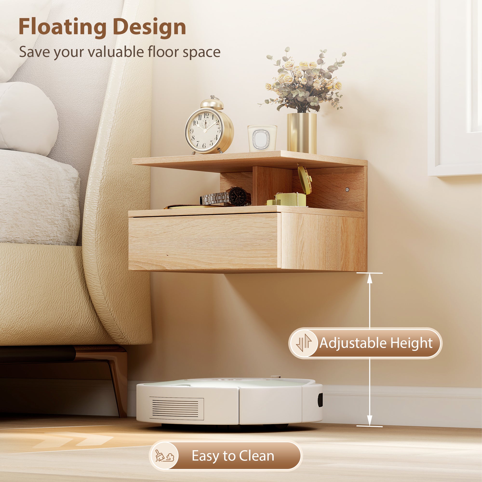 HOMCOM Set of Two Floating Bedside Tables - Oak 