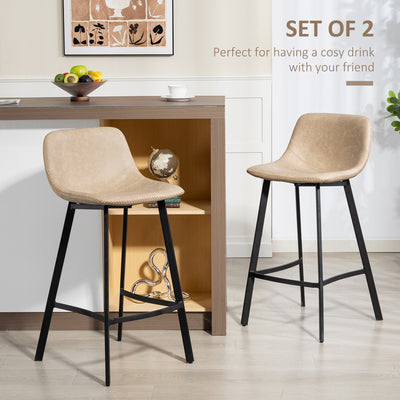 HOMCOM Bar Stools Set of 2, PU Leather Dining Stools with Backrest, Footrest, for Kitchen, Counter, Breakfast Bar, Light Brown 