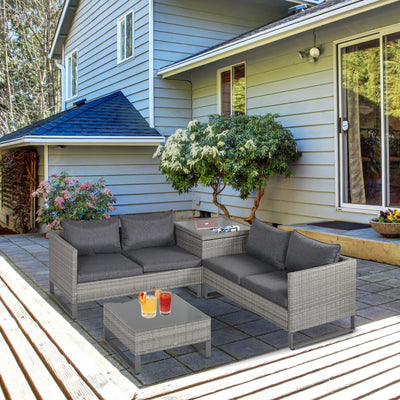 Outsunny 4 Pieces Rattan Garden Furniture Set, 4 Seater Garden Sofa Set with Storage Box, Loveseats and Glass Top Table, Wicker Outdoor Conservatory Furniture with Cushions for Outdoor, Patio, Grey 