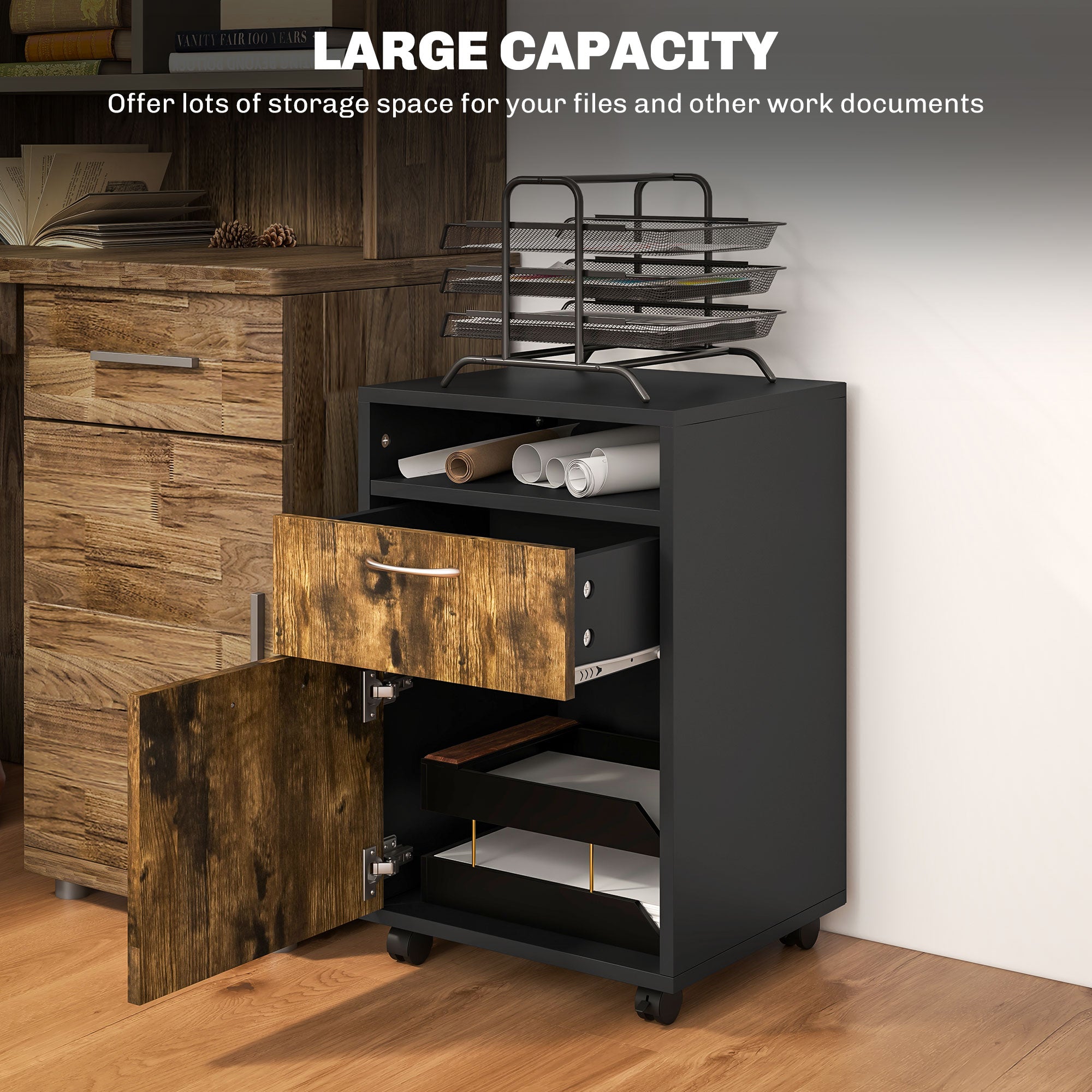 HOMCOM 60cm Filing Cabinet with Drawer, Open Shelf, Metal Handles and 4 Wheels, Office Home Organiser Mobile Printer, Rustic Brown 