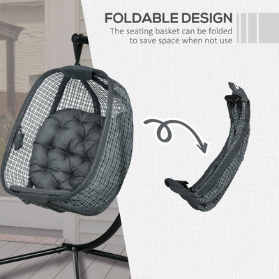 Outsunny Outdoor Swing Chair with Thick Padded Cushion, Patio Hanging Chair with Metal Stand, Egg Chair with Foldable Basket, Cup Holder, for Indoor and Outdoor, Dark Grey 