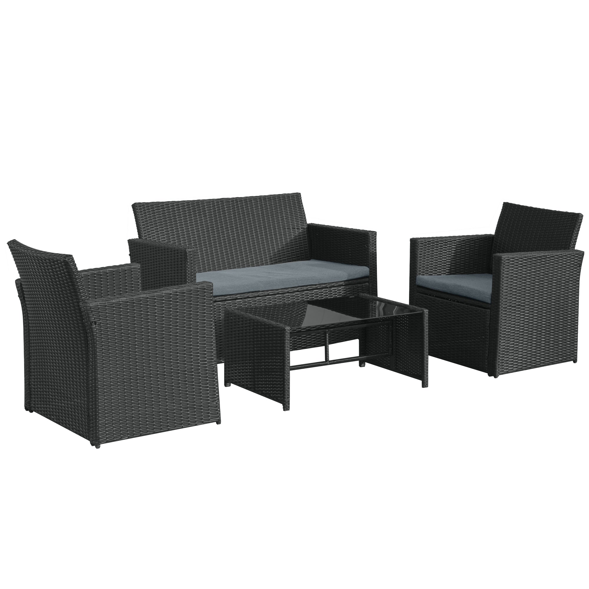 Outsunny 4 Pieces PE Rattan Garden Sofa Set with Cushions, Outdoor Patio Wicker Weave Conservatory Furniture Set with a Loveseat, 2 Armchairs and a Glass Top Coffee Table, Black 